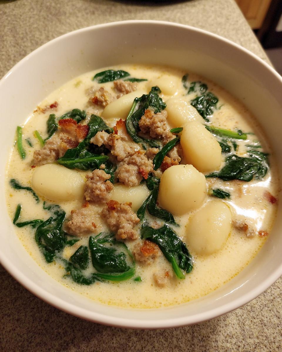 Close-up of a white bowl filled with creamy sausage gnocchi soup, featuring plump gnocchi and wilted spinach.