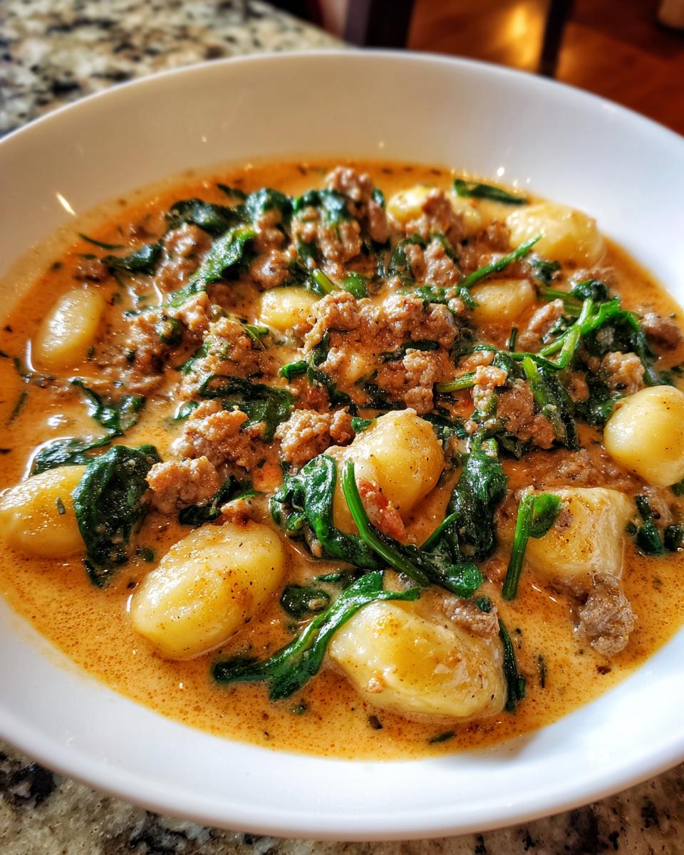 A close-up of a rich, creamy sausage gnocchi soup featuring plump gnocchi, crumbled sausage, and wilted spinach.
