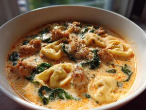 Close-up of a hearty bowl of sausage tortellini soup with spinach and a creamy, orange-tinted broth.
