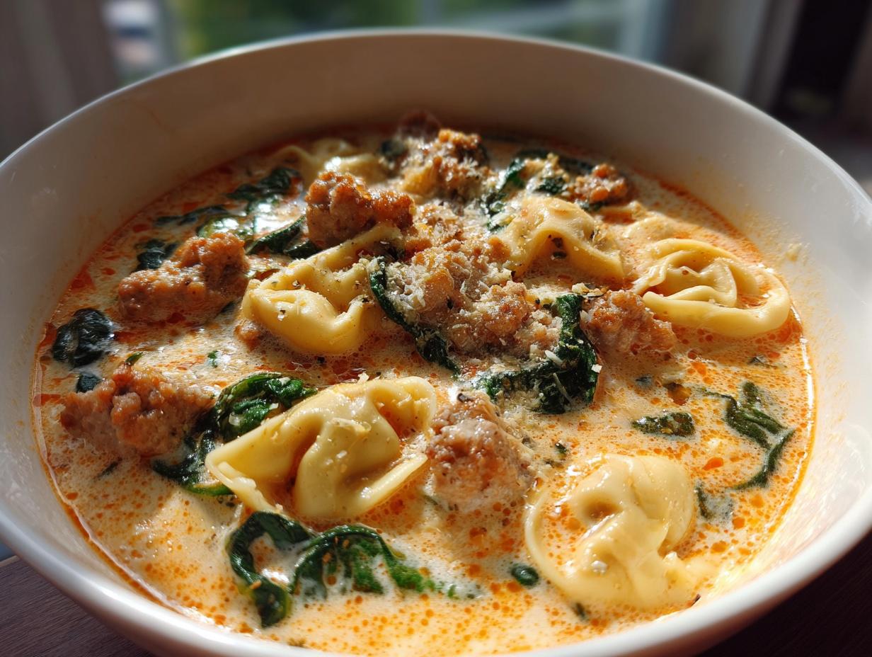 Close-up of a hearty bowl of sausage tortellini soup with spinach and a creamy, orange-tinted broth.