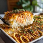 A spoonful lifting a perfectly layered piece of baked salmon sushi bake from the dish, showing crispy topping.