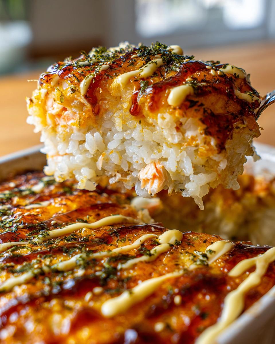 A serving spoon lifts a thick, layered piece of baked sushi bake topped with sauce and seaweed.
