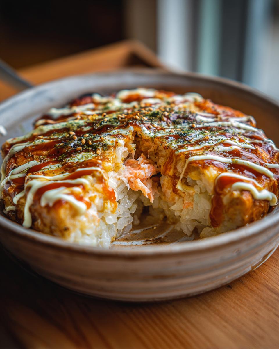 Close-up of a freshly baked sushi bake slice showing layers of rice, filling, and toppings.