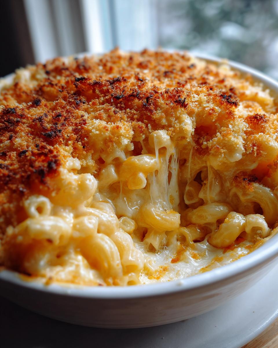 A close-up of creamy, cheesy baked mac and cheese with a crispy breadcrumb topping and visible cheese pulls.