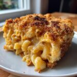 A close-up of a rich, creamy slice of baked mac and cheese with gooey cheese pull and a golden, crispy breadcrumb topping.