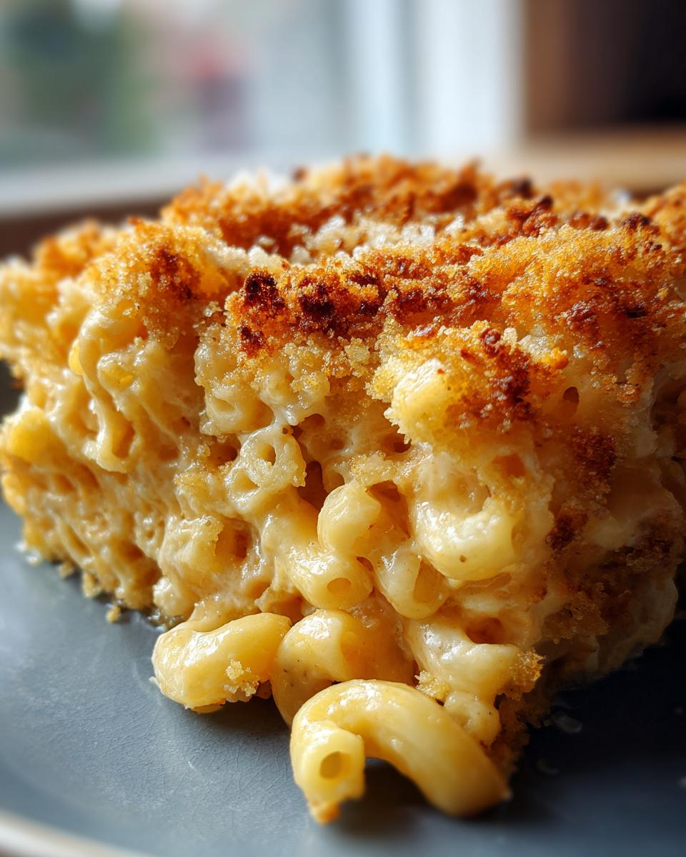 Close-up of a creamy, silky baked mac and cheese slice topped with golden brown breadcrumbs.