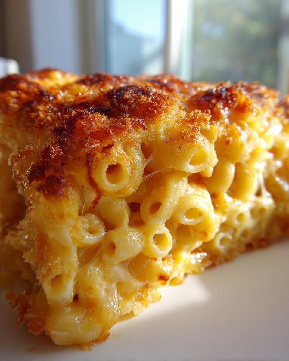 A close-up, appetizing shot of a rich slice of baked mac and cheese showing creamy interior and crispy, browned topping.