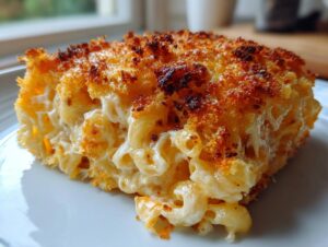 A close-up of a rich, creamy slice of baked mac and cheese showing elbow macaroni coated in sauce and topped with a golden, crispy crust.