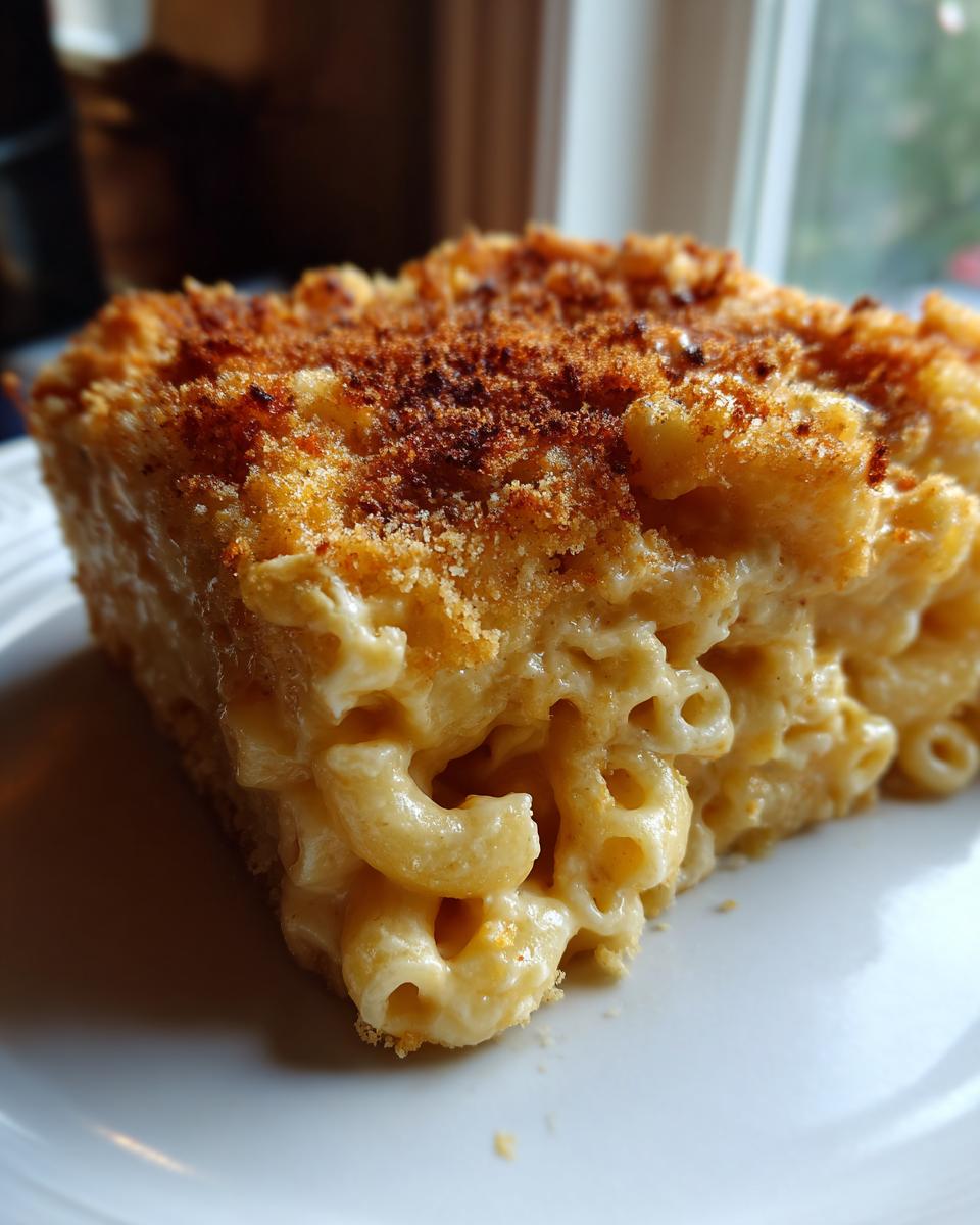 Close-up of a square slice of creamy baked mac and cheese showing elbow macaroni coated in cheese sauce and a browned breadcrumb topping.