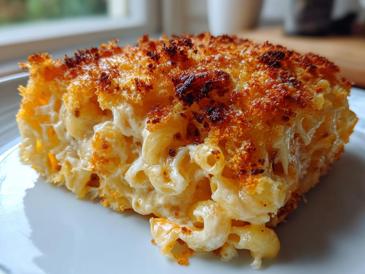 A close-up of a rich, creamy slice of baked mac and cheese showing elbow macaroni coated in sauce and topped with a golden, crispy crust.