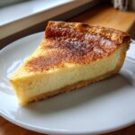 A perfect slice of creamy custard pie with a golden, slightly browned top dusted with spice.