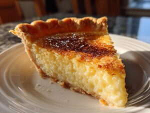 A close-up slice of amazing buttermilk pie featuring a creamy yellow filling and a beautifully caramelized, sugary top crust.