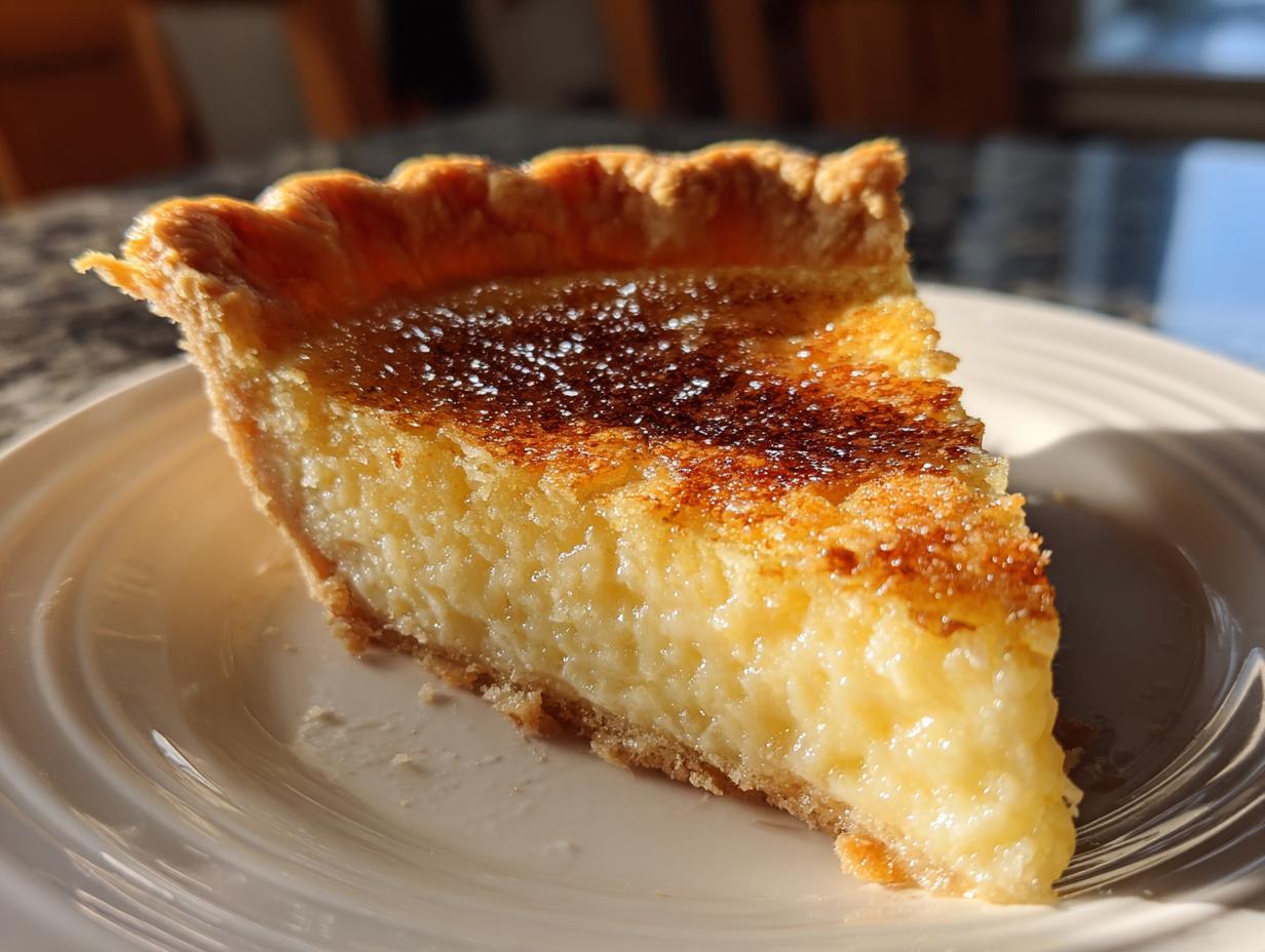 A close-up slice of amazing buttermilk pie featuring a creamy yellow filling and a beautifully caramelized, sugary top crust.