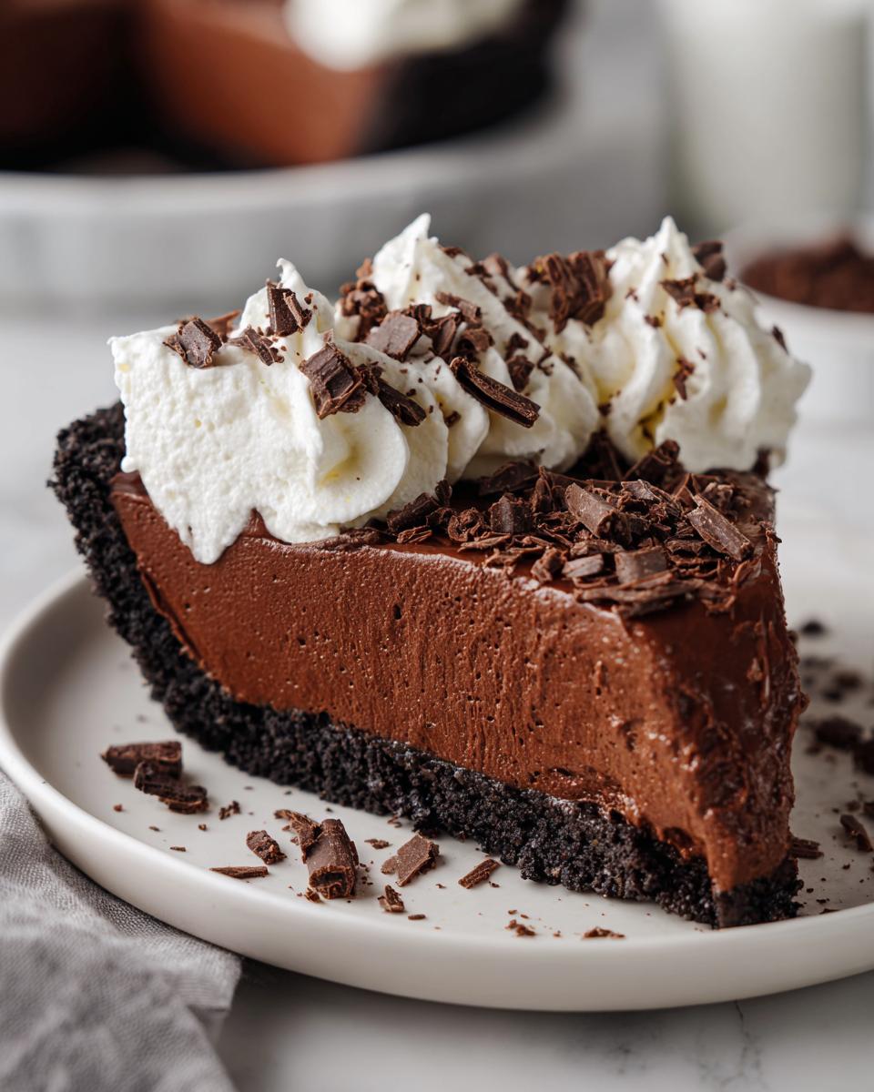 A decadent slice of chocolate mousse pie featuring a dark crust, thick chocolate filling, whipped cream, and chocolate shavings.