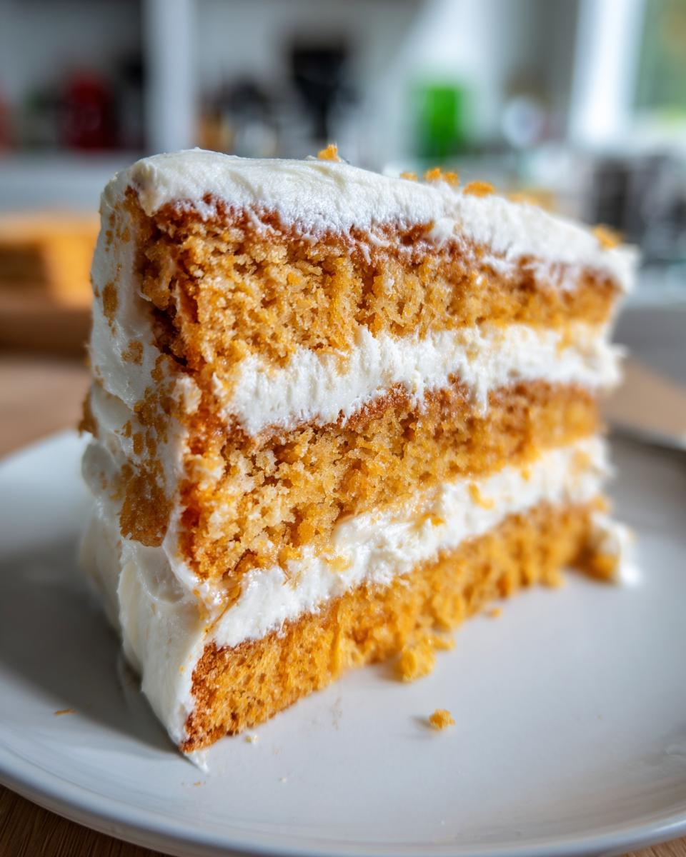 Close-up of a tall slice of Creamsicle Cake with three layers of orange cake and white cream cheese frosting.