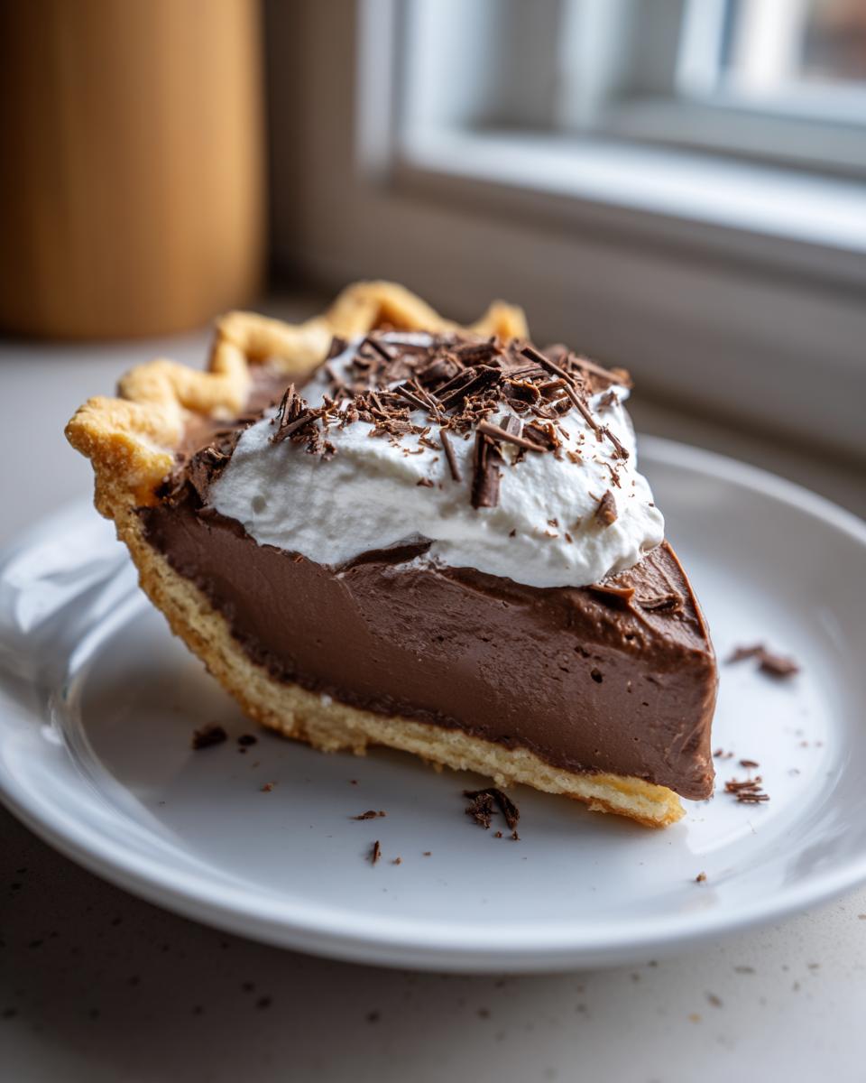 A decadent slice of french silk pie featuring a thick chocolate filling, topped with whipped cream and chocolate shavings.