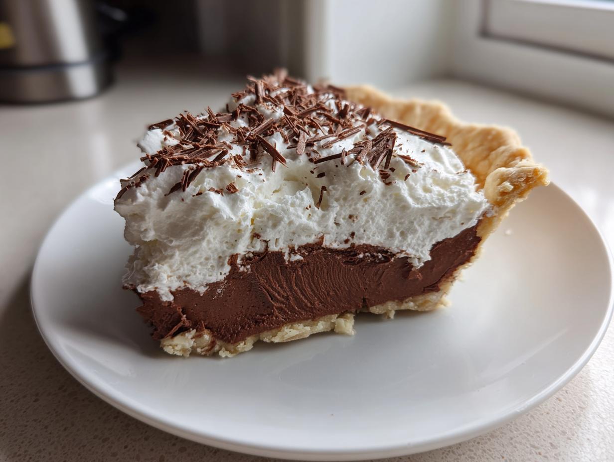 A generous slice of french silk pie showing rich chocolate filling, topped with whipped cream and chocolate shavings.