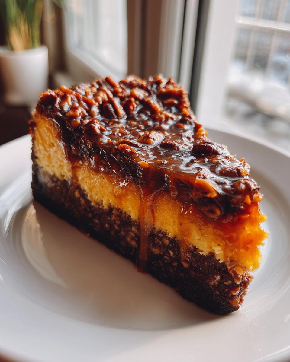 A perfect slice of german chocolate cheesecake with a dark crust, creamy filling, and gooey pecan topping.