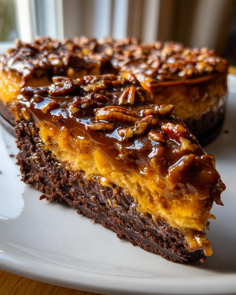 A decadent slice of german chocolate cheesecake featuring a dark chocolate crust, creamy layer, and thick pecan caramel topping.