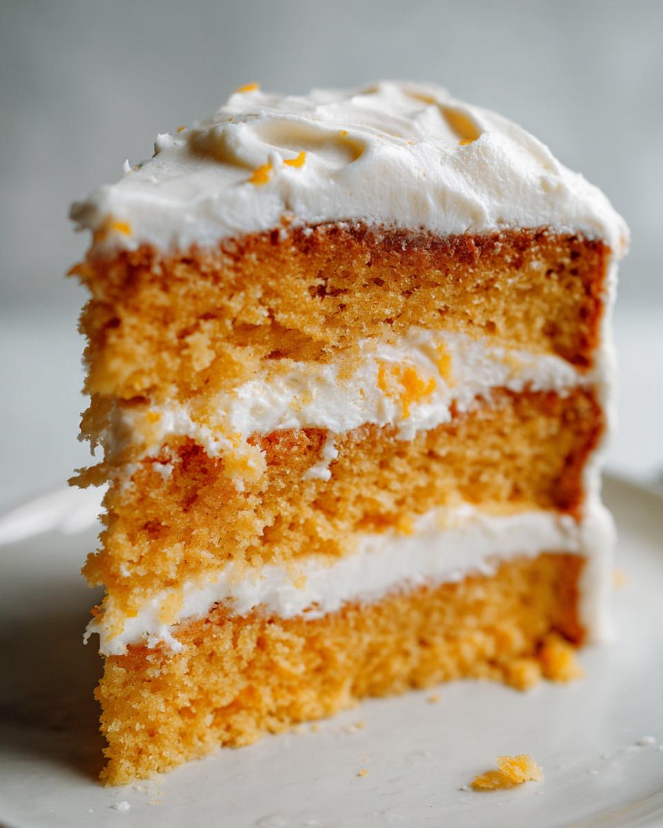 Close-up of a moist, three-layer Creamsicle Cake slice showing orange cake layers and white cream cheese frosting.