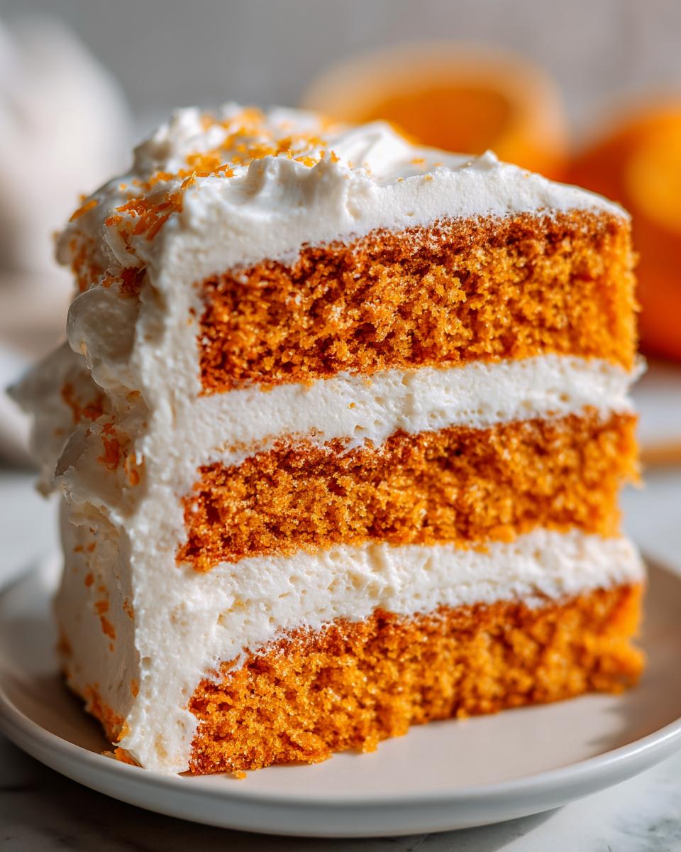 Close-up of a moist slice of orange Creamsicle Cake with three layers and thick white cream cheese frosting.