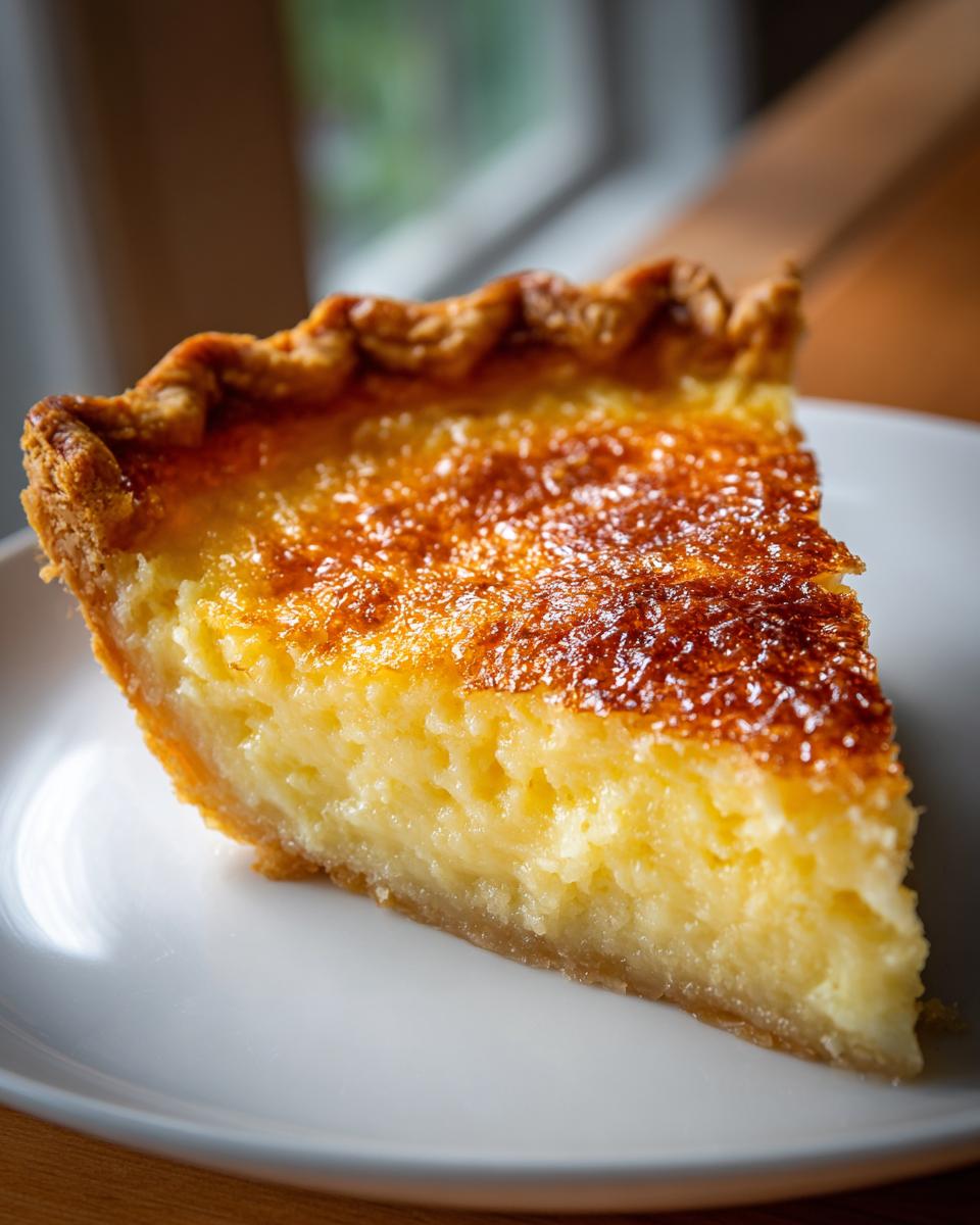 A close-up shot of a perfect slice of buttermilk pie with a golden, caramelized top crust.