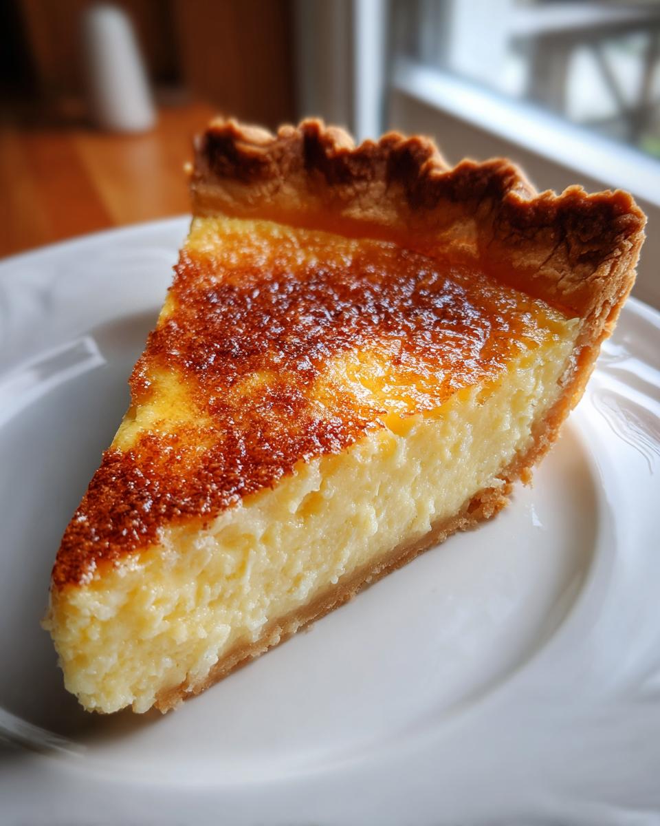 A close-up of a perfect slice of buttermilk pie with a golden, slightly browned top, served on a white plate.