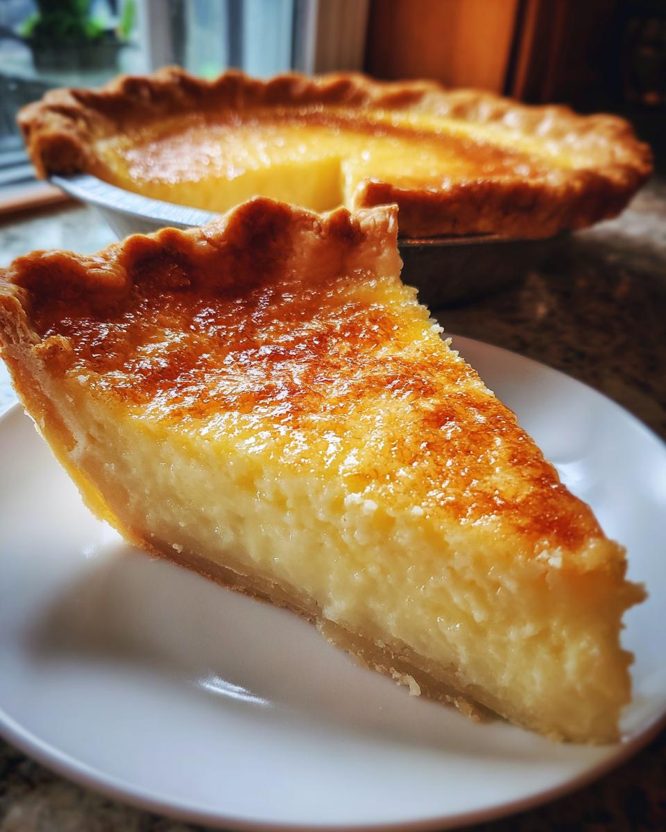 A close-up of a slice of rich buttermilk pie on a white plate, with the rest of the pie blurred in the background.