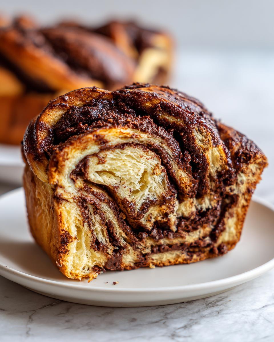 Close-up of a thick slice of moist chocolate babka showing rich, dark chocolate swirls and fluffy dough.