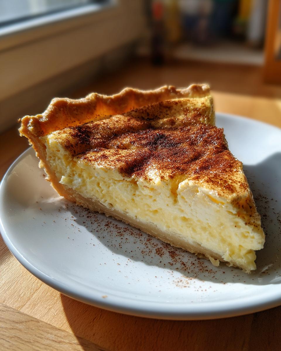 A perfect slice of creamy custard pie sprinkled with cinnamon resting on a white plate.
