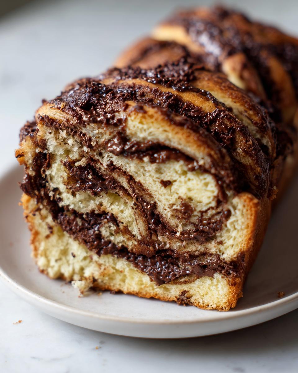 A close-up shot showing the rich, swirled layers of chocolate filling inside a freshly baked chocolate babka loaf.