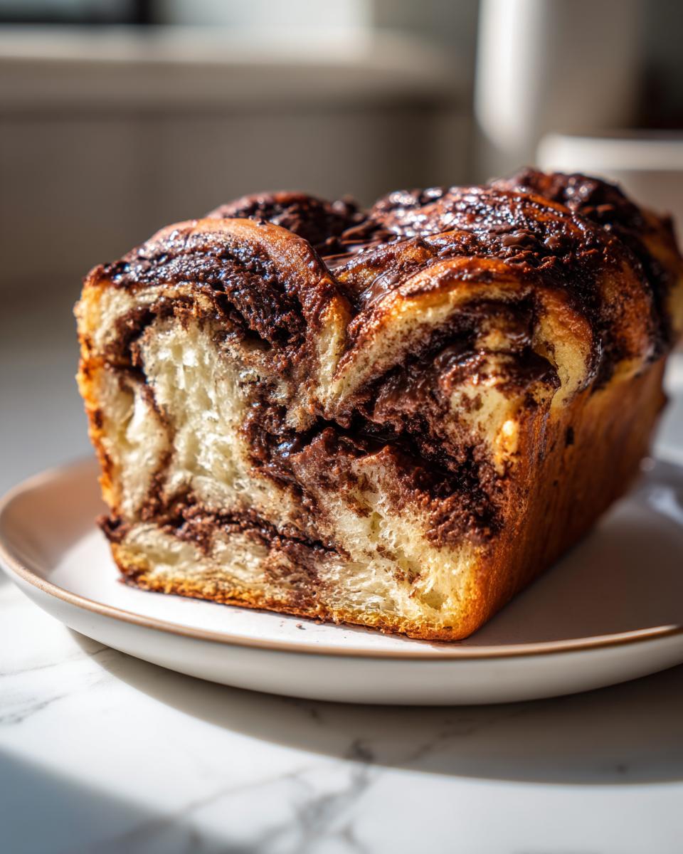 A cross-section view of a rich chocolate babka loaf showing the swirled layers of dough and dark chocolate filling.