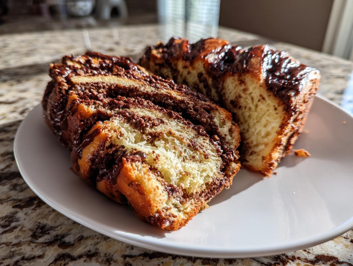 Close-up of several thick slices of homemade chocolate babka resting on a white plate, showing the rich chocolate filling.