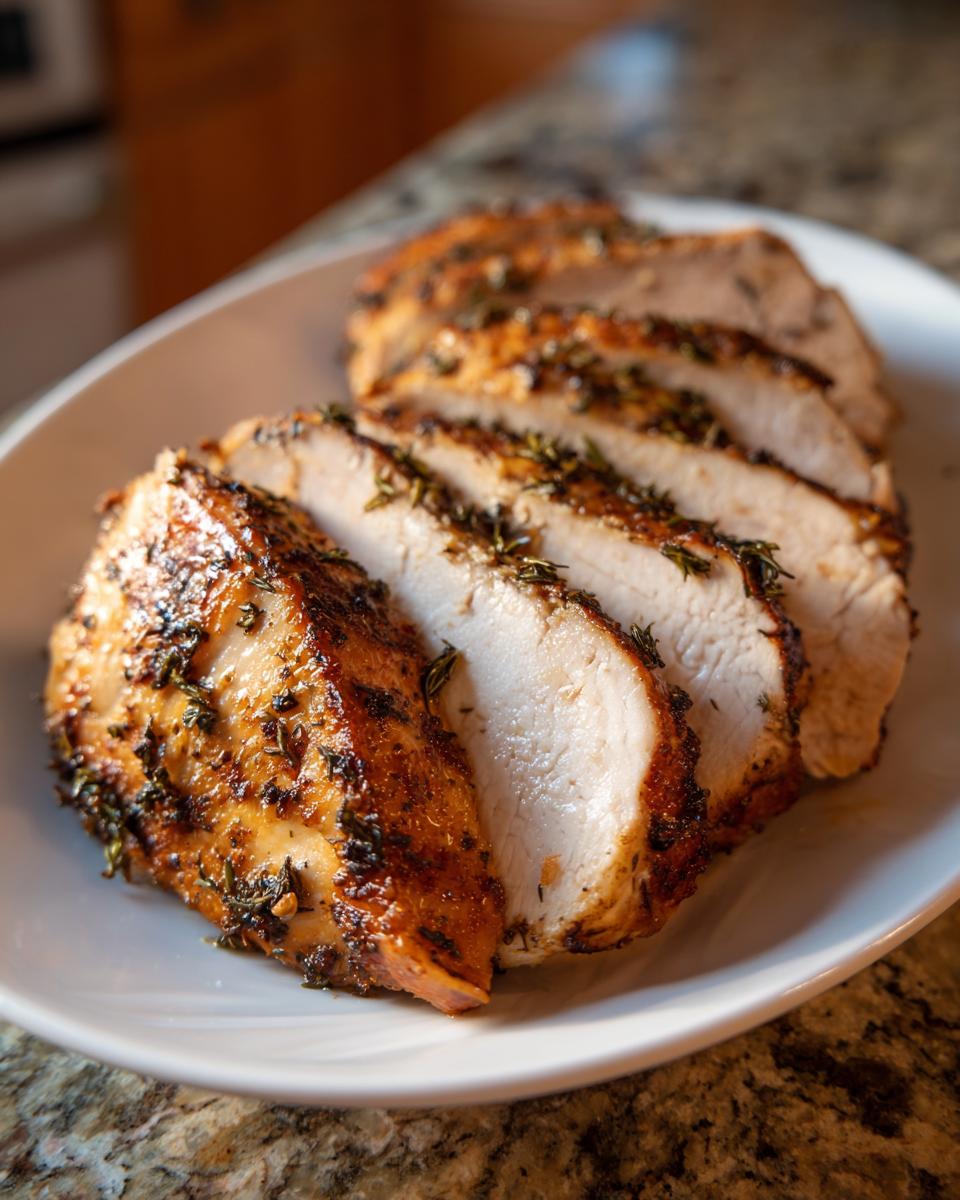 Close-up of a perfectly cooked, sliced slow cooker turkey breast seasoned with herbs on a white platter.