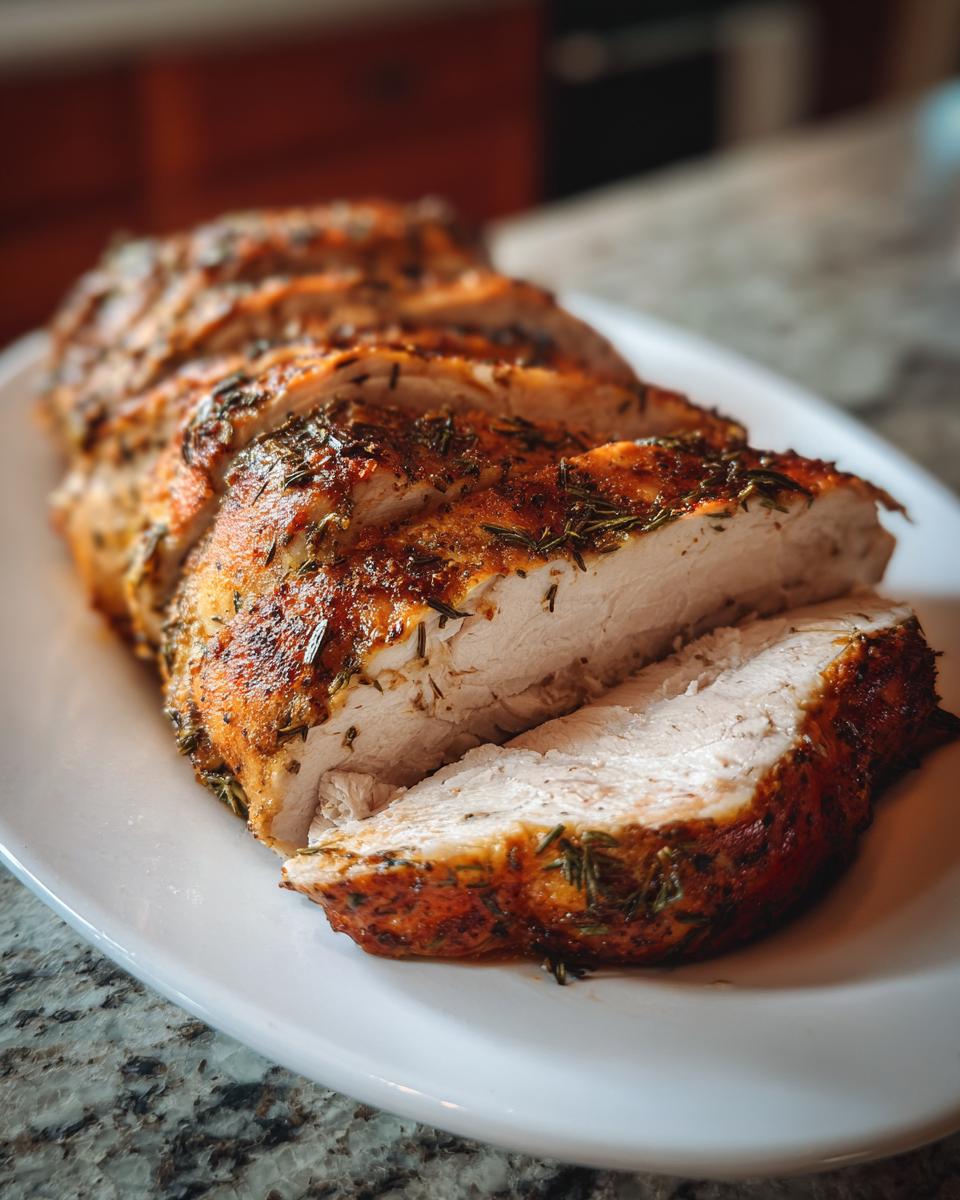 Close-up of a perfectly cooked and sliced slow cooker turkey breast, seasoned with herbs.