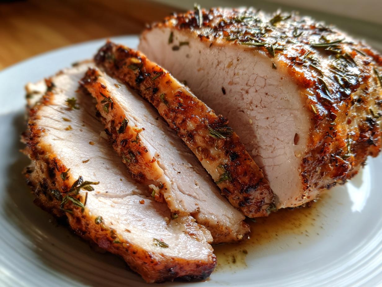 Close-up of a perfectly cooked, sliced slow cooker turkey breast seasoned with herbs and resting in its juices.
