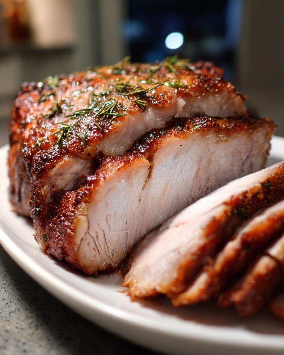 Close-up of a beautifully roasted and sliced slow cooker turkey breast topped with crispy rosemary.