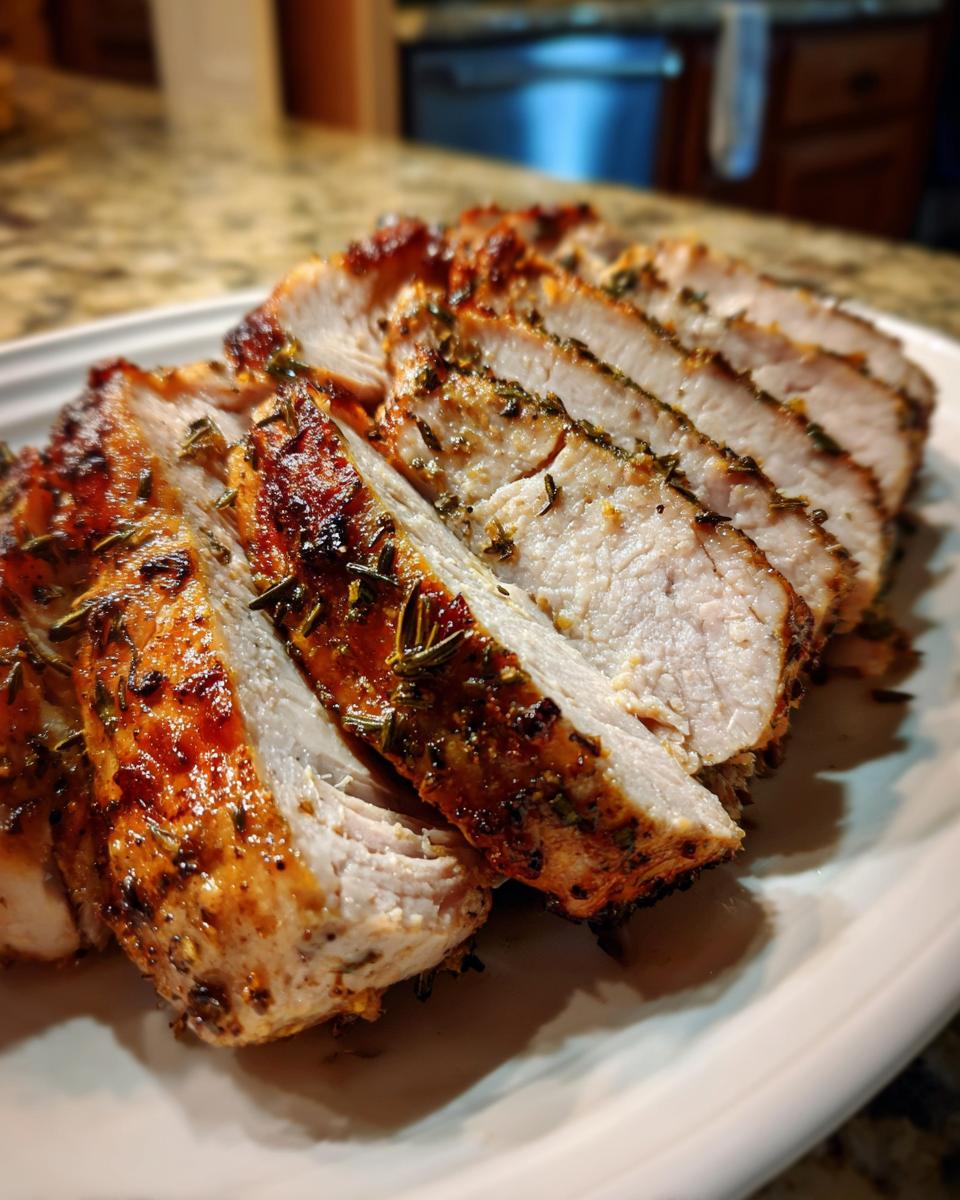 Close-up of thick, juicy slices of slow cooker turkey breast seasoned with herbs on a white platter.