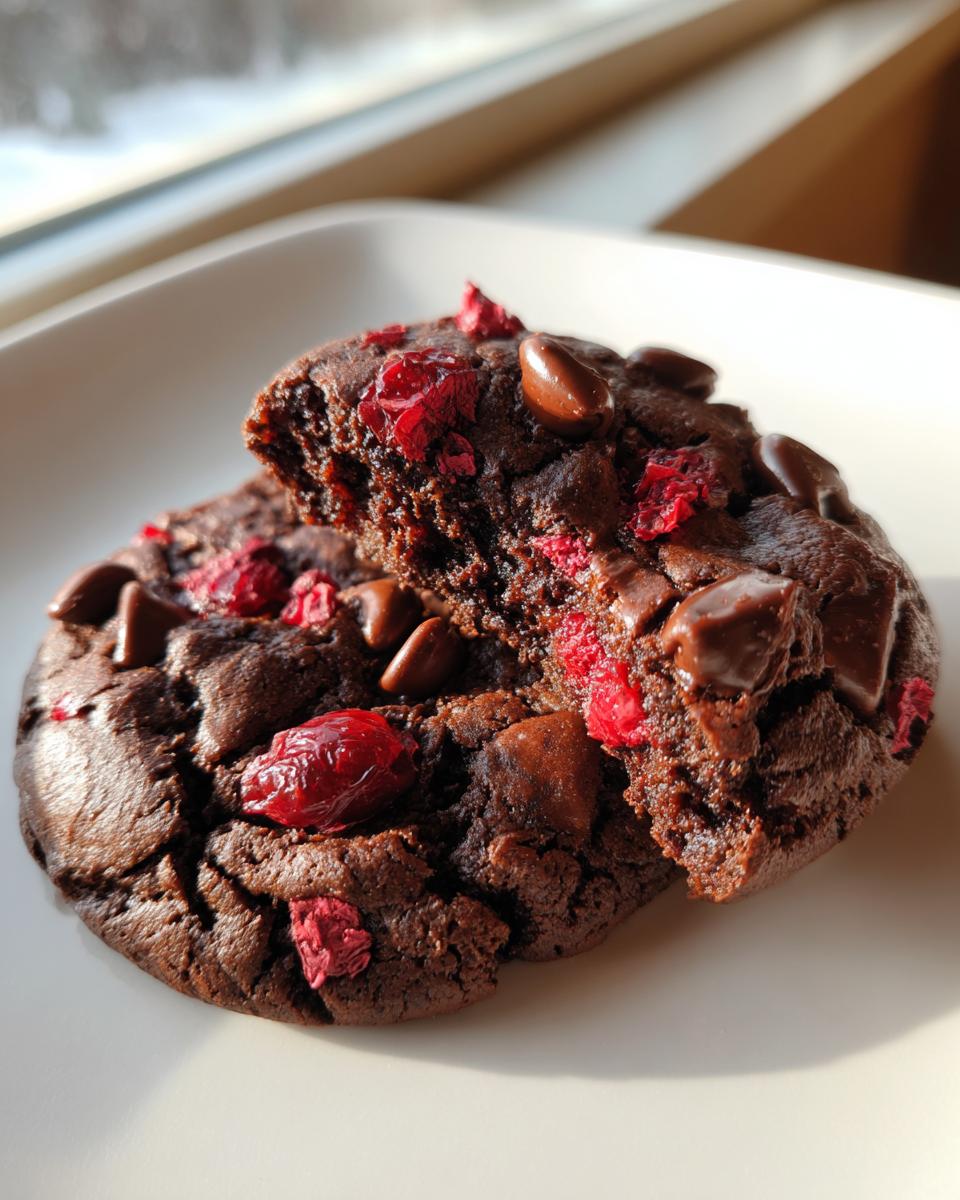 Close-up of a soft, fudgy chocolate cherry cookies, broken open to show the moist interior and chocolate chips.