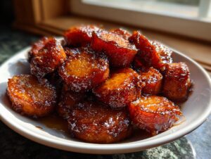 A close-up of rich, glossy southern candied yams piled high on a white dish, glistening in the sunlight.