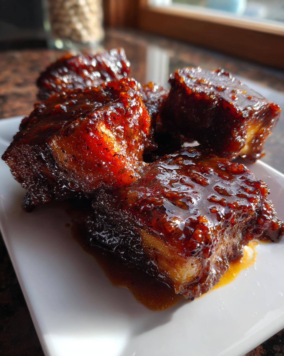 Close-up of four pieces of richly glazed, dark brown southern candied yams on a white plate.
