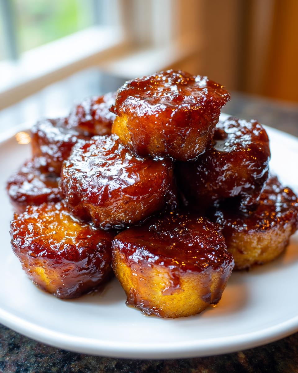 Close-up of a stack of glistening, caramelized southern candied yams on a white plate.