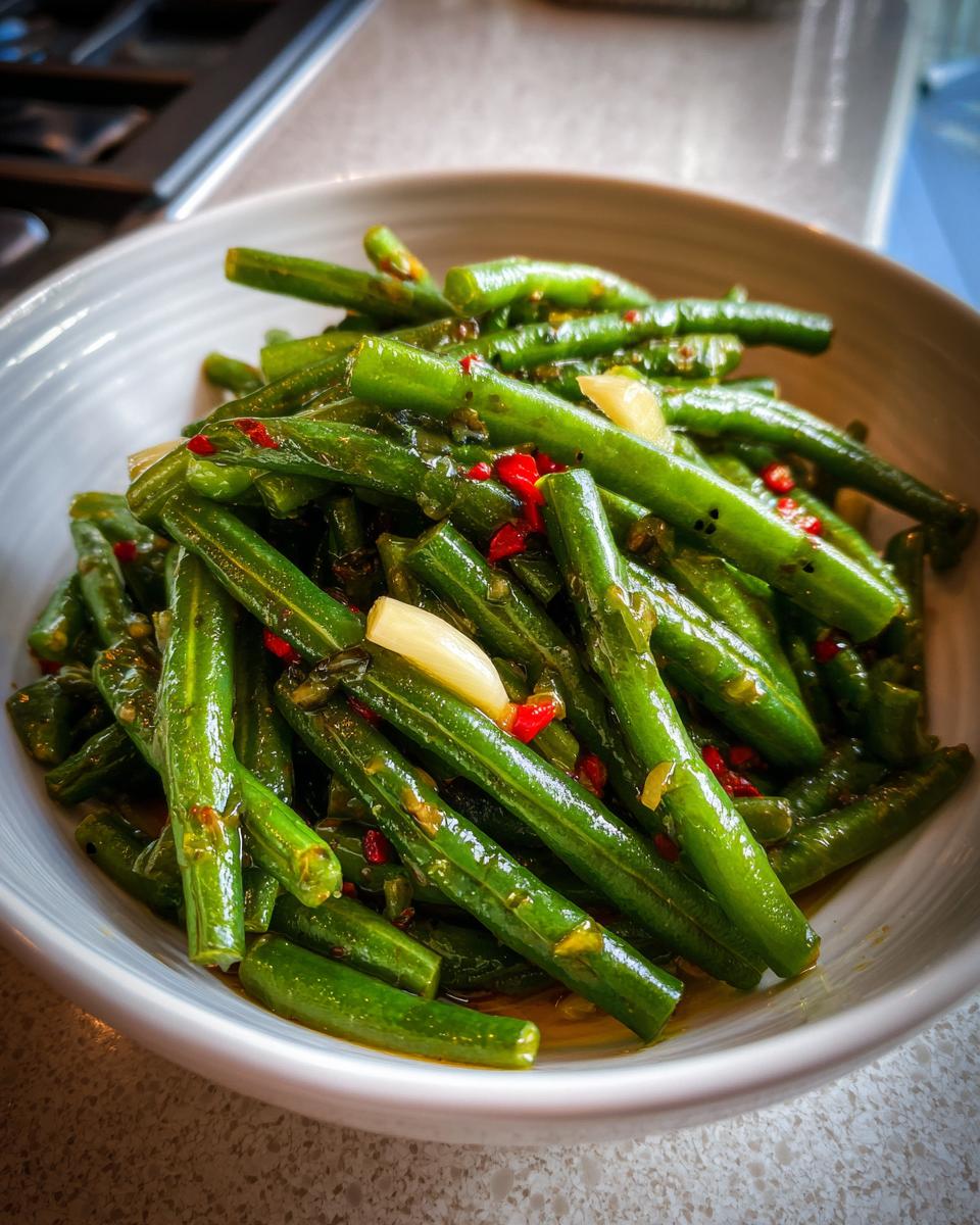 Close-up of bright green, glossy dilly beans seasoned with garlic cloves and red chili flakes, served in a white bowl.