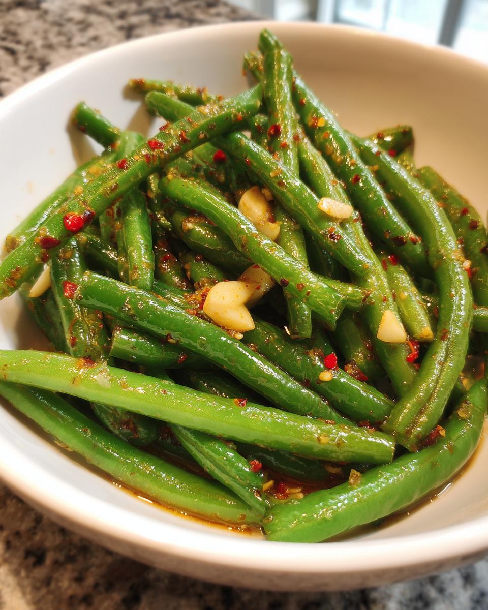Close-up of bright green dilly beans tossed in a spicy garlic and chili oil mixture, served in a white bowl.