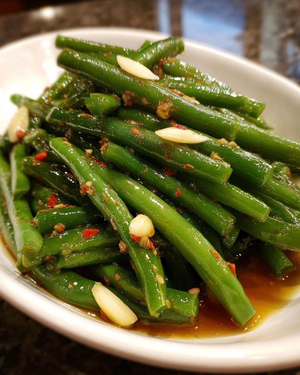 A close-up of bright green dilly beans coated in a savory, spicy sauce with visible slices of garlic.