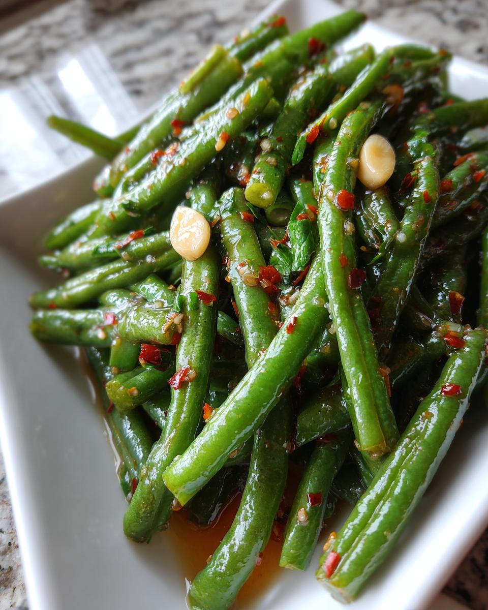 Close-up of bright green dilly beans tossed in a spicy marinade with visible chili flakes and whole garlic cloves.