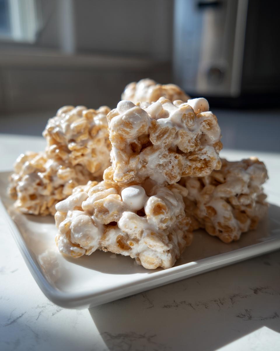 A stack of homemade avalanche cookies made with cereal and melted marshmallow, sitting on a white plate.