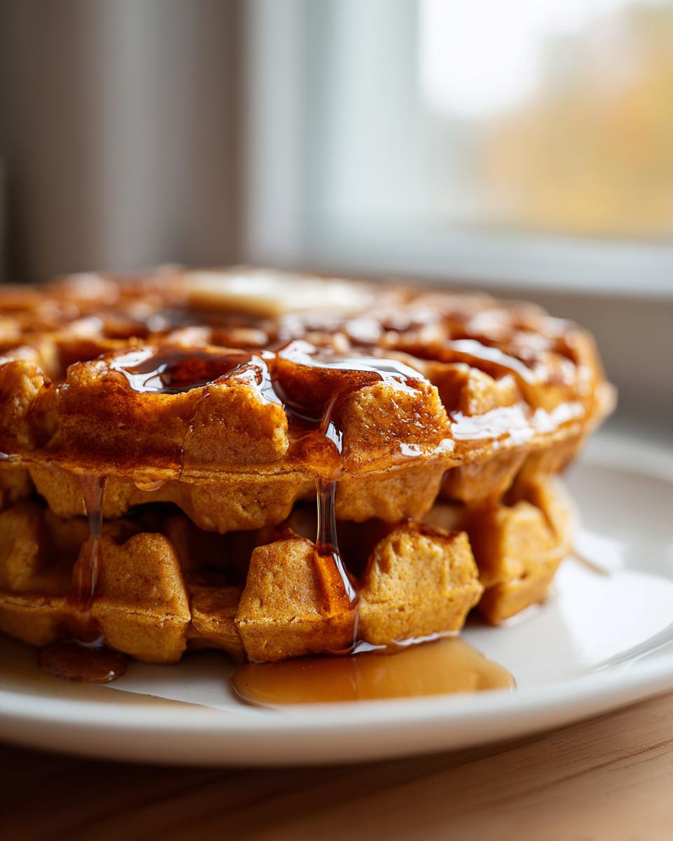 Close-up of a stack of golden brown pumpkin waffles topped with melting butter and dripping maple syrup.
