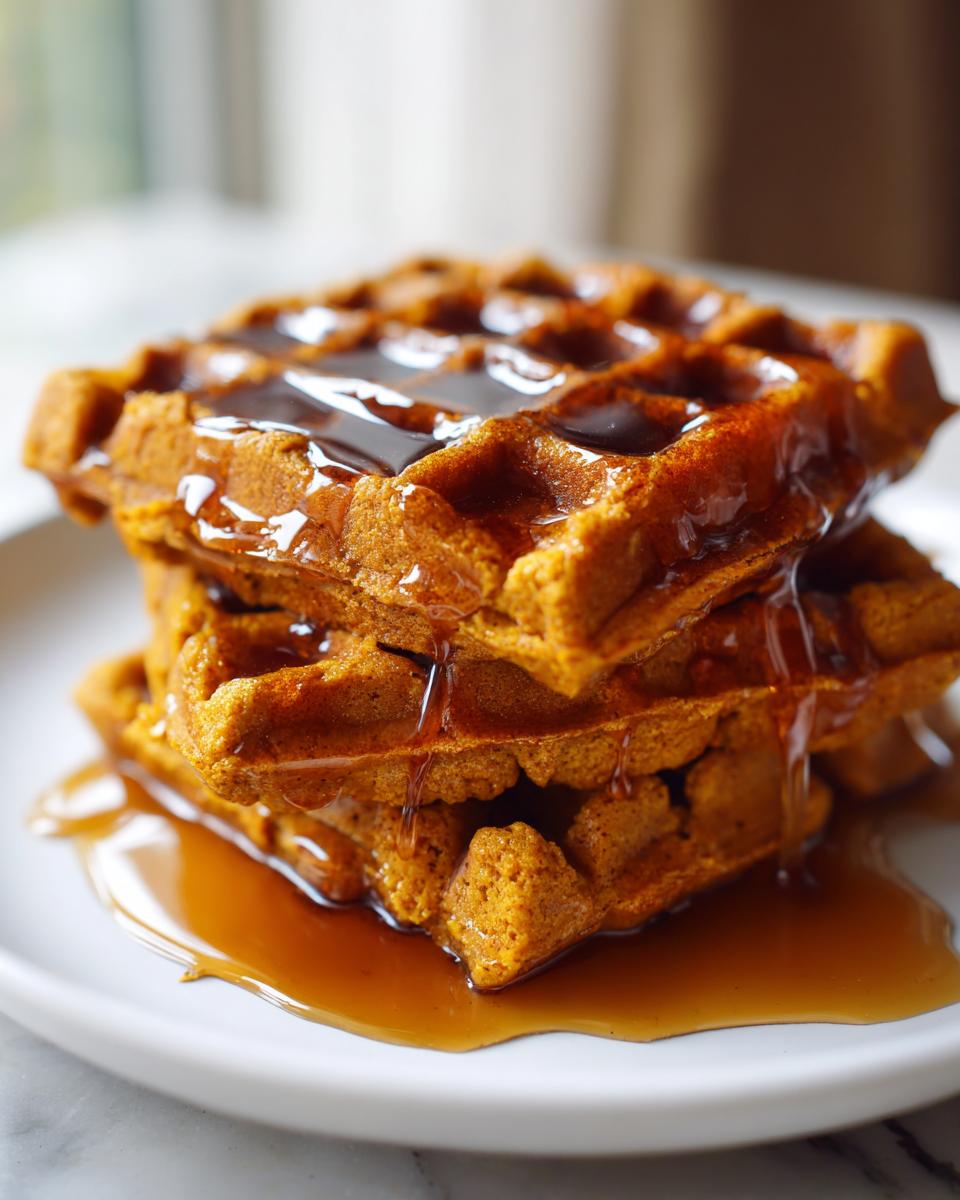 Close-up of a stack of three fluffy pumpkin waffles drizzled generously with maple syrup.