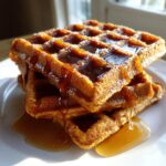 A close-up stack of three golden brown pumpkin waffles drizzled generously with maple syrup and dusted with powdered sugar.